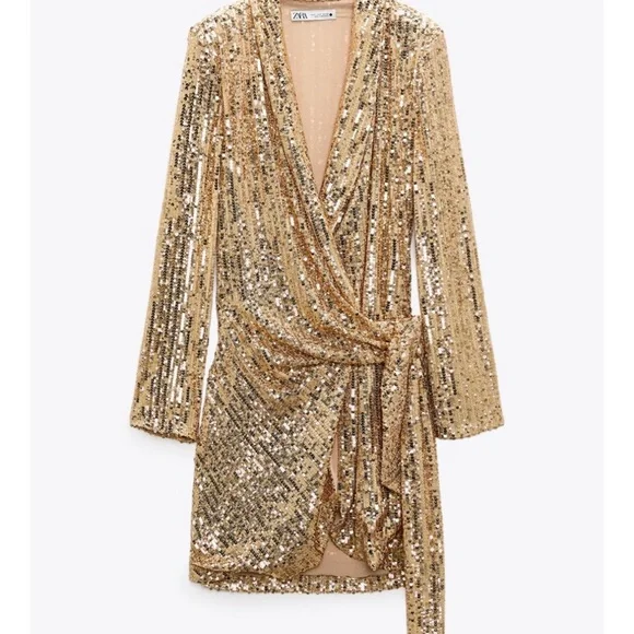 Zara Sparkling Gold Long Sleeve Dress NWT - Picture 1 of 10